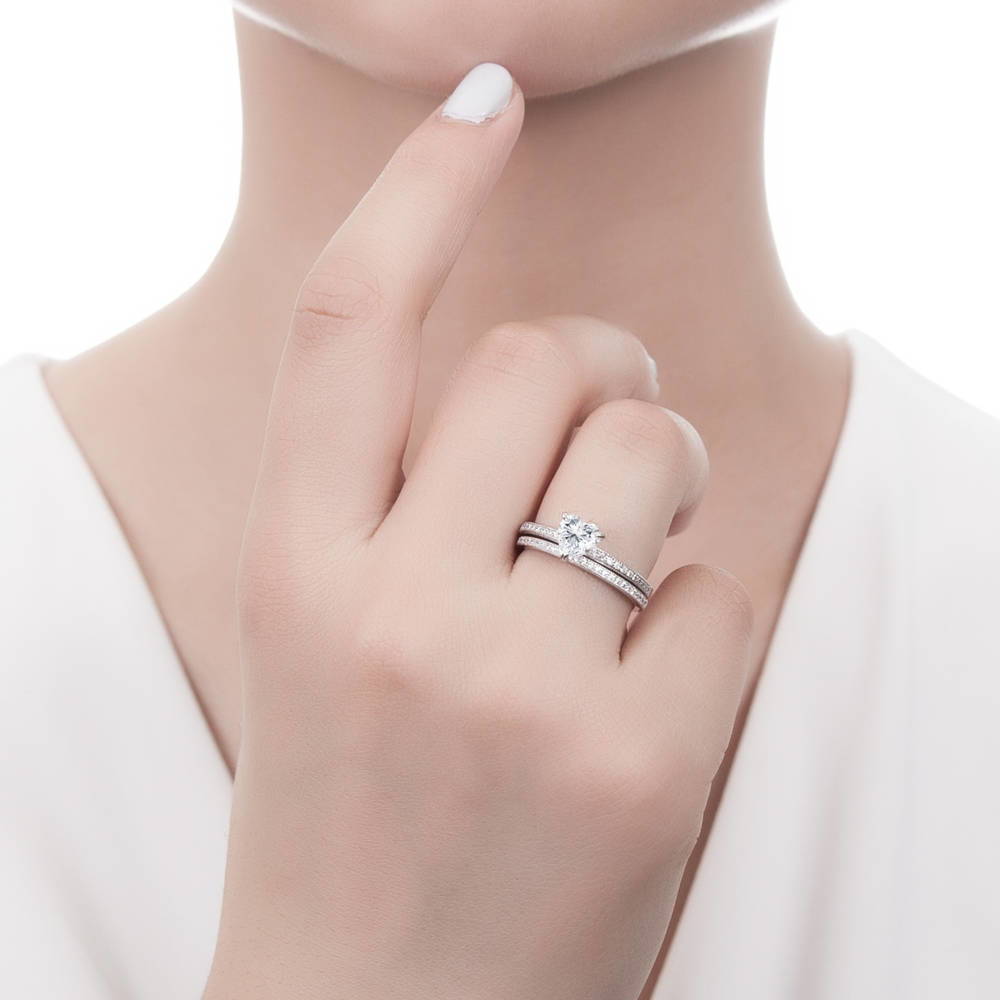 Model wearing Pave CZ Eternity Ring in Sterling Silver, 13 of 20