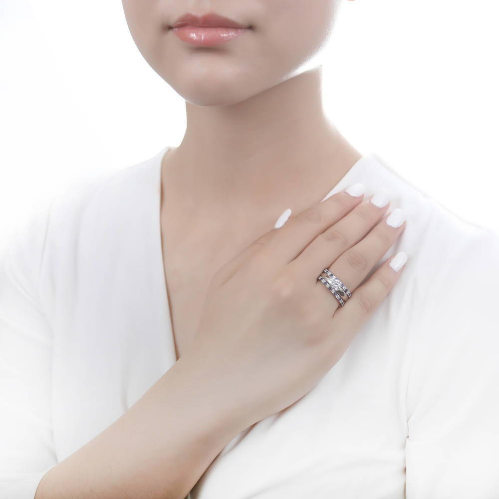 Model wearing Sapphire-Blue Pave CZ Eternity Ring in Sterling Silver, 10 of 18