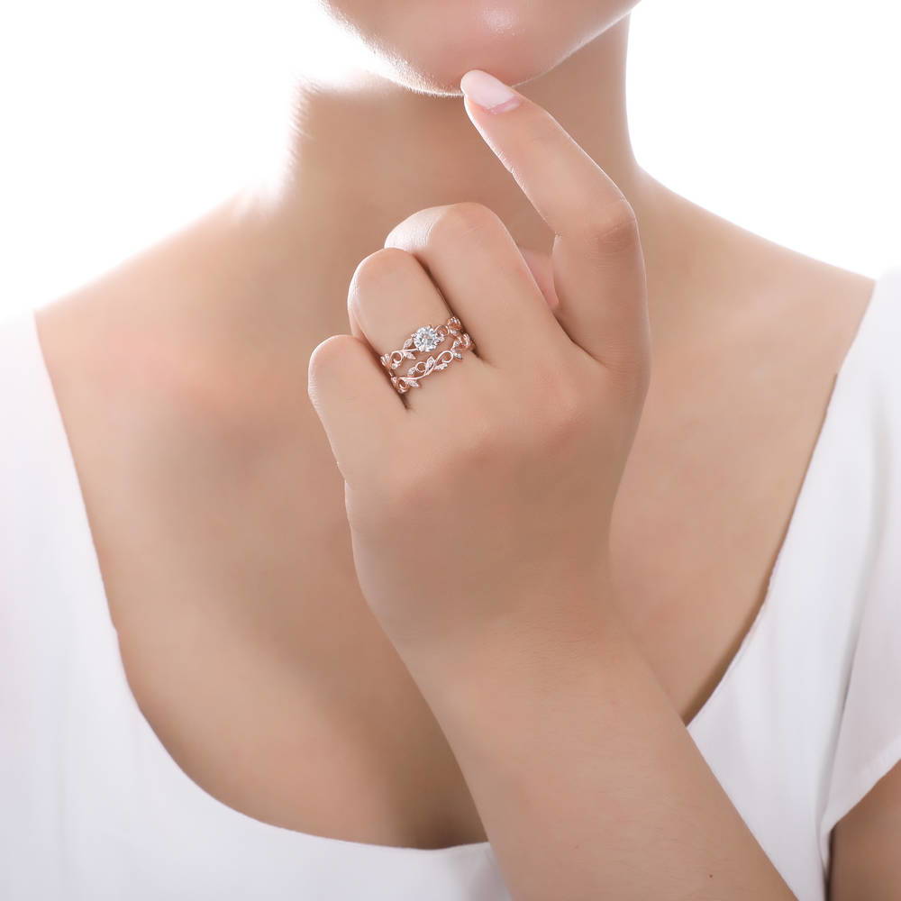 Model wearing Solitaire Filigree CZ Ring in Rose Gold Plated Sterling Silver, 4 of 10