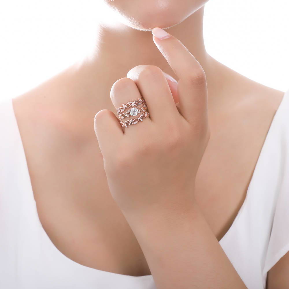 Model wearing Solitaire Filigree CZ Ring in Rose Gold Plated Sterling Silver, 6 of 10