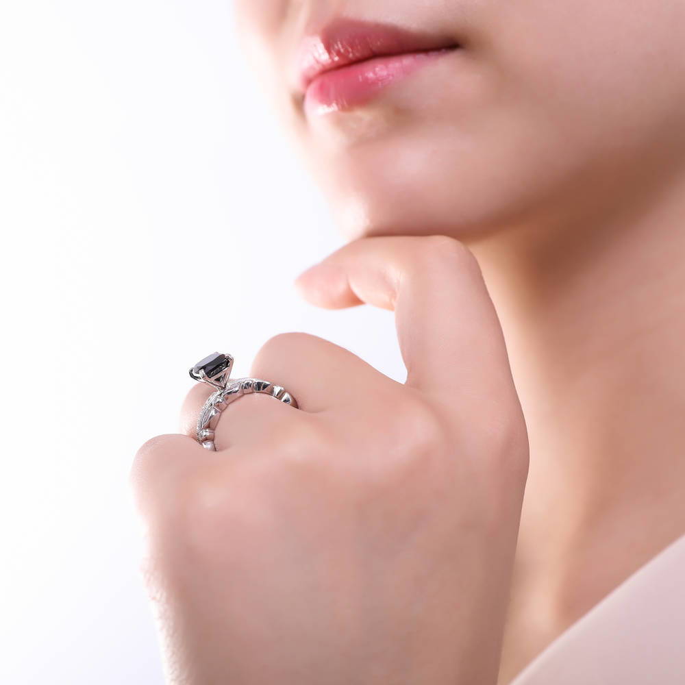 Model wearing Solitaire 3ct Black Cushion CZ Ring in Sterling Silver, 12 of 19