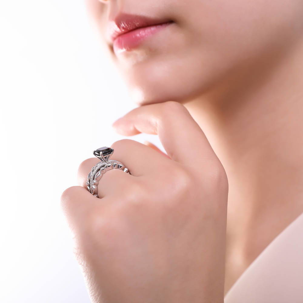 Model wearing Solitaire 3ct Black Cushion CZ Ring in Sterling Silver, 18 of 19
