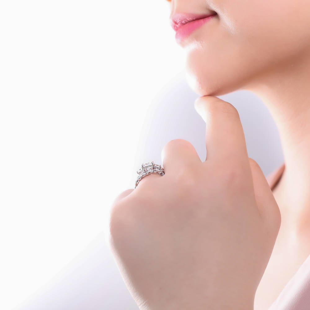 Model wearing Leaf Filigree CZ Ring in Sterling Silver, 14 of 18