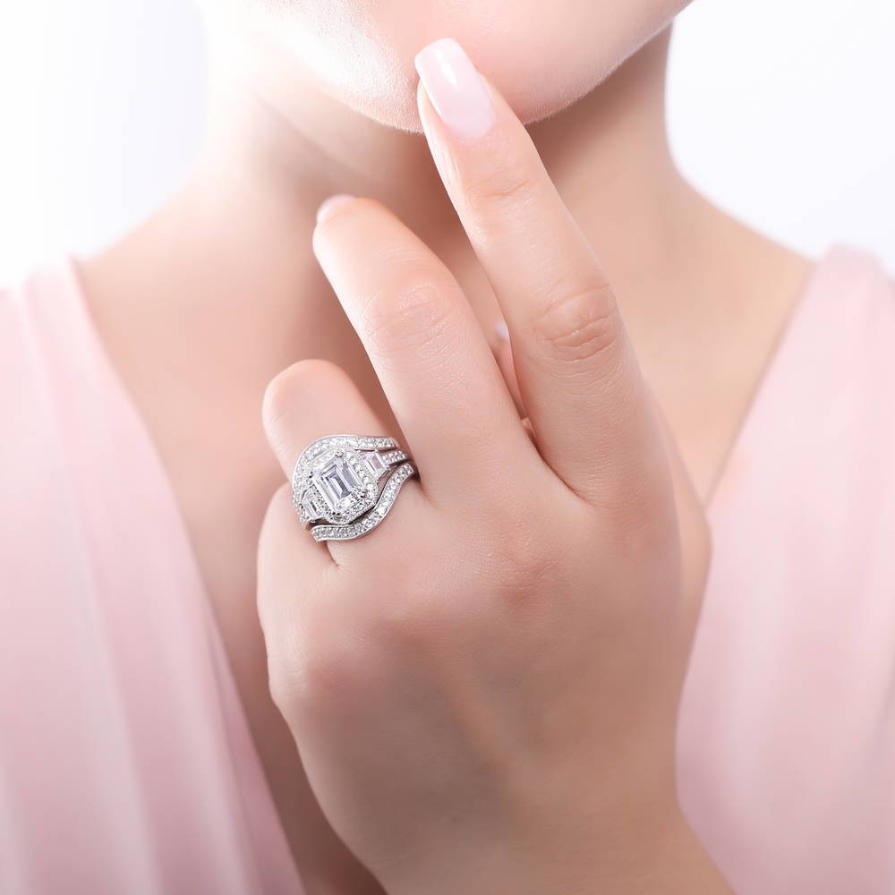 Model wearing Halo Emerald Cut CZ Ring in Sterling Silver, 10 of 11