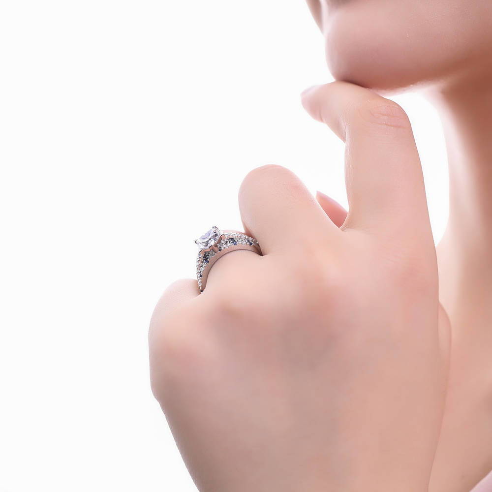 Model wearing Solitaire Heart 1.7ct Heart CZ Ring in Sterling Silver, 17 of 19