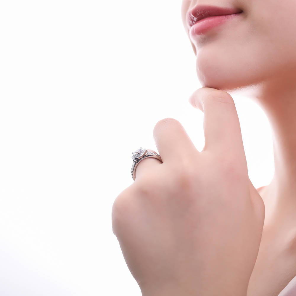 Model wearing Halo Heart Heart CZ Ring in Sterling Silver, 11 of 12