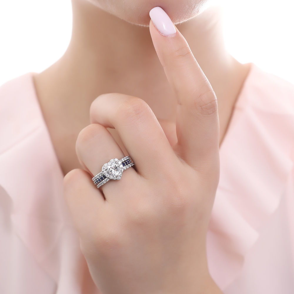 Model wearing Halo Heart Heart CZ Ring in Sterling Silver, 8 of 12