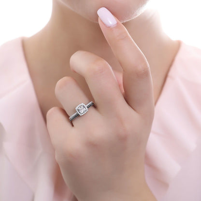 Halo Cushion Cut CZ Ring in Sterling Silver