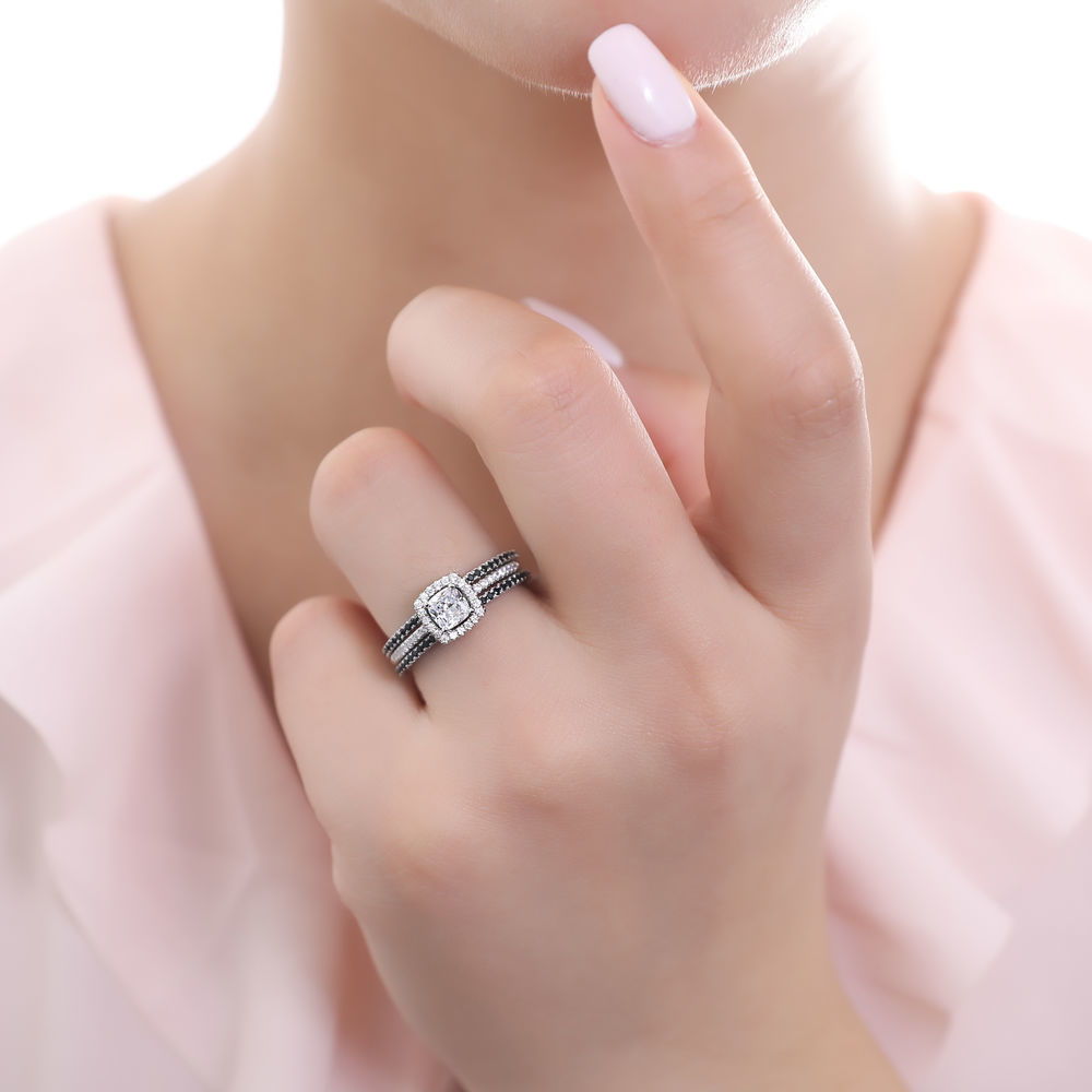 Model wearing Halo Cushion Cut CZ Ring in Sterling Silver, 15 of 19