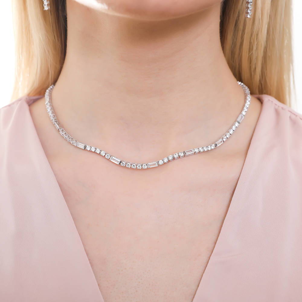 Model wearing Art Deco CZ Tennis Necklace, 2 of 8