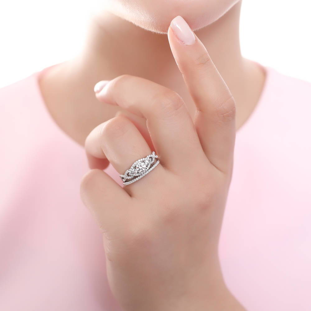 Model wearing 3-Stone Woven 0.45ct CZ Ring in Sterling Silver, 9 of 11