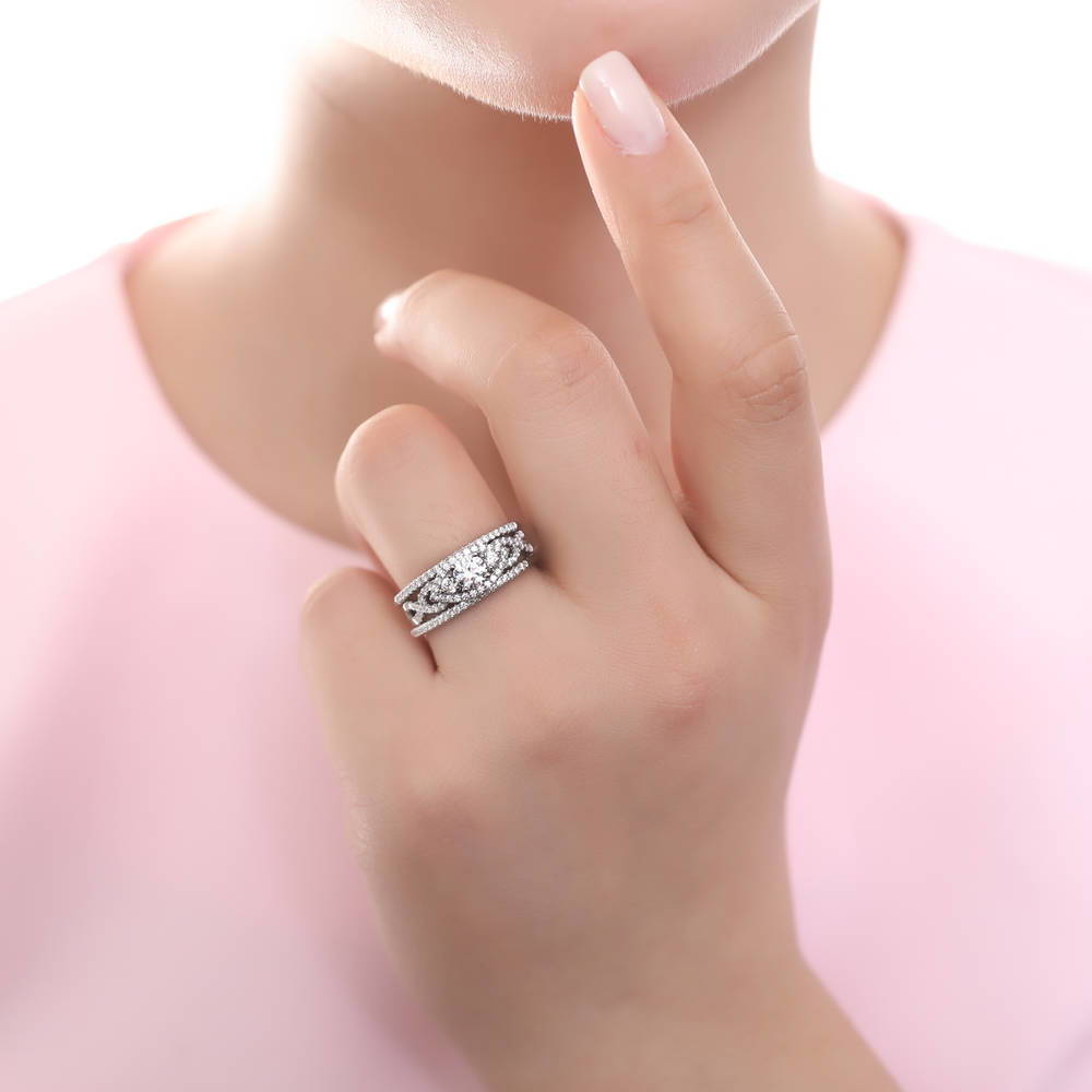Model wearing 3-Stone Woven 0.45ct CZ Ring in Sterling Silver, 10 of 11