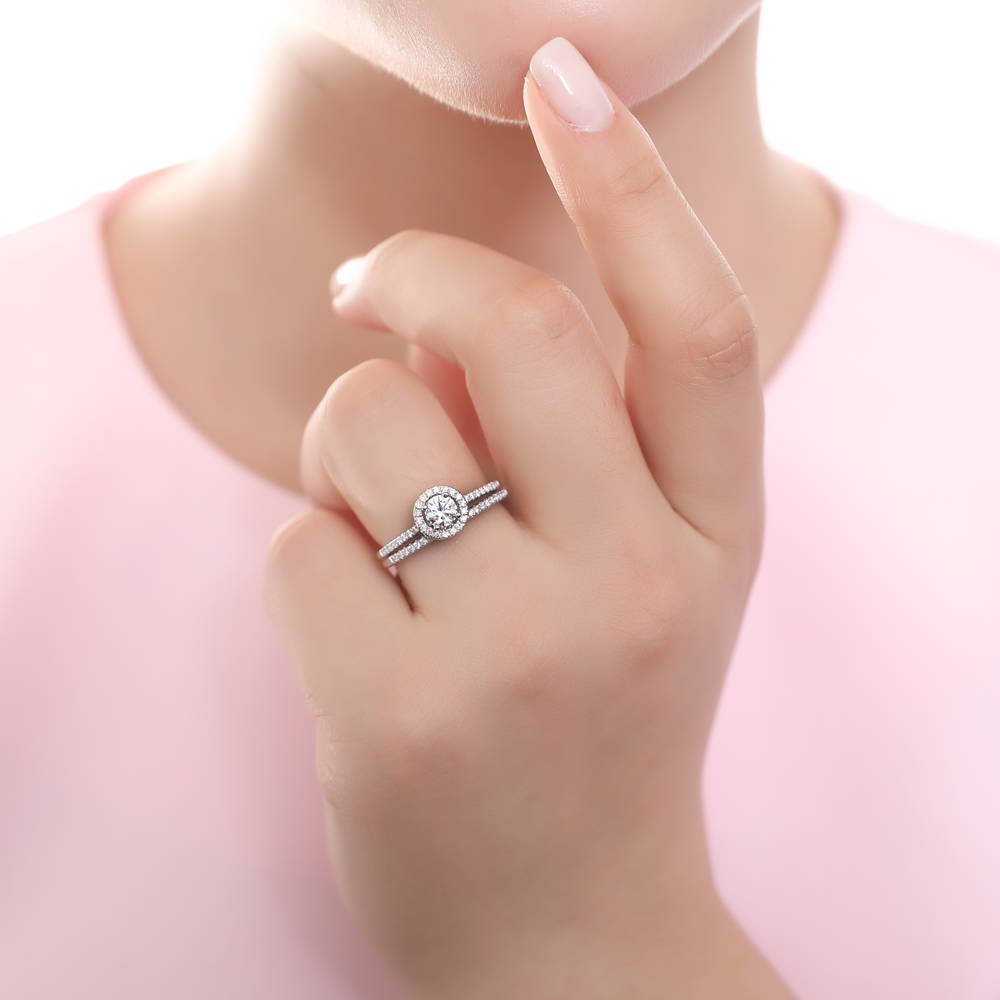 Model wearing Halo CZ Ring in Sterling Silver, 4 of 9