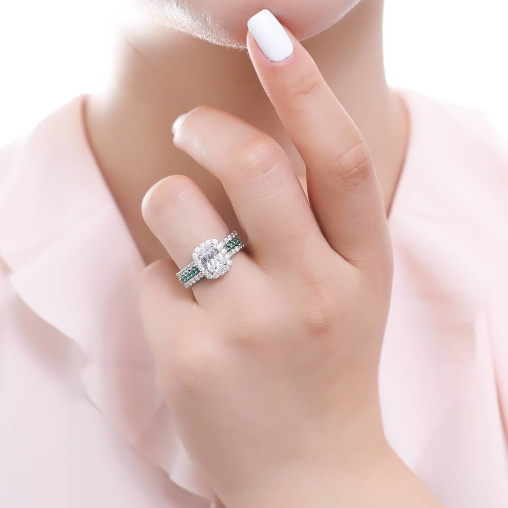 Model wearing Emerald-Green Pave CZ Eternity Ring in Sterling Silver, 6 of 11
