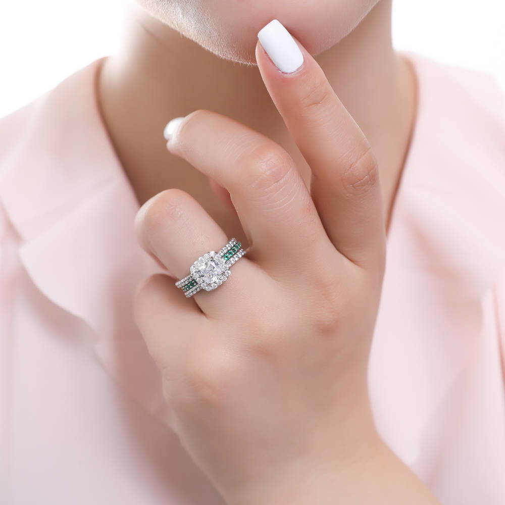 Model wearing Emerald-Green Pave CZ Eternity Ring in Sterling Silver, 4 of 11