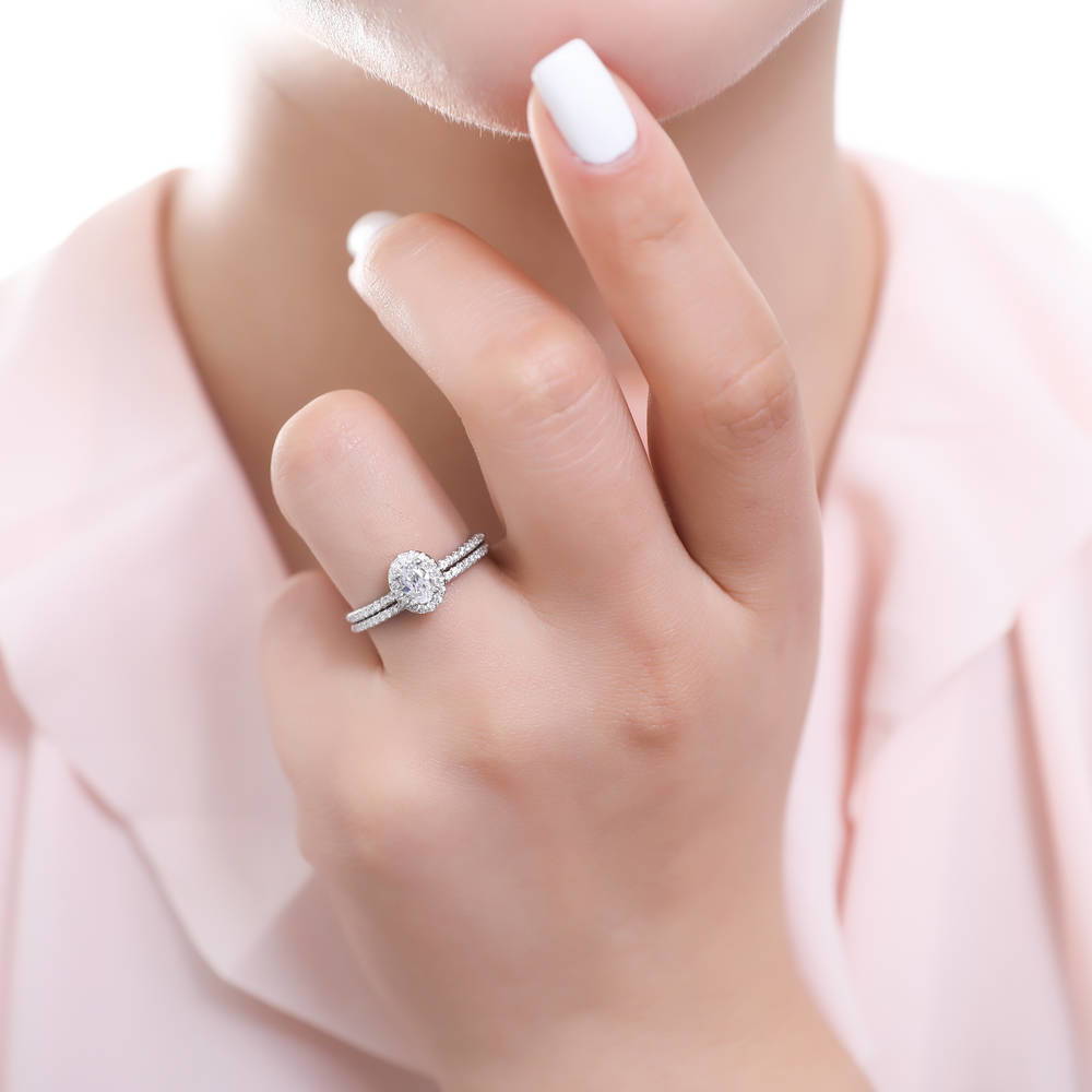 Model wearing Pave CZ Eternity Ring in Sterling Silver, 13 of 19