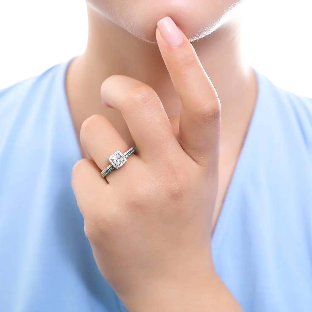 Model wearing Halo Cushion Cut CZ Ring in Sterling Silver, 9 of 19