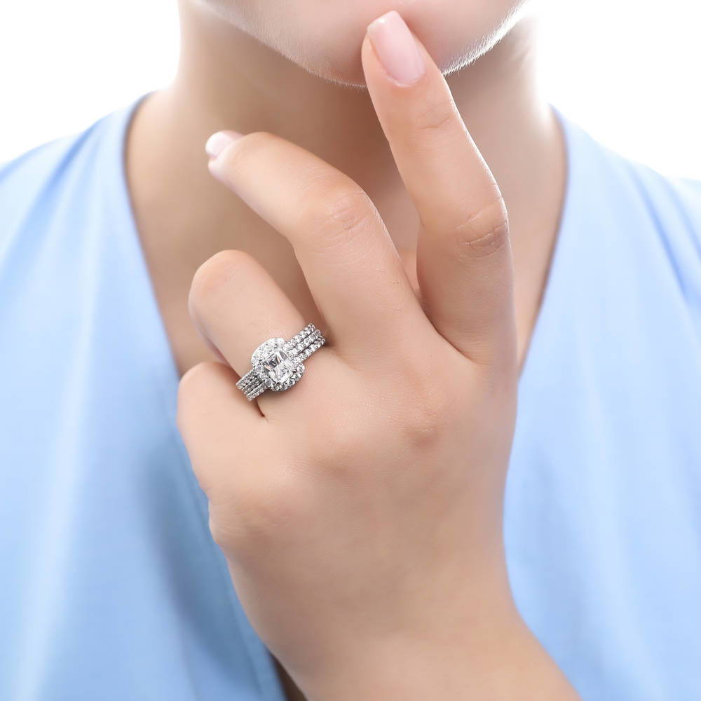 Model wearing Pave CZ Eternity Ring in Sterling Silver, 20 of 20