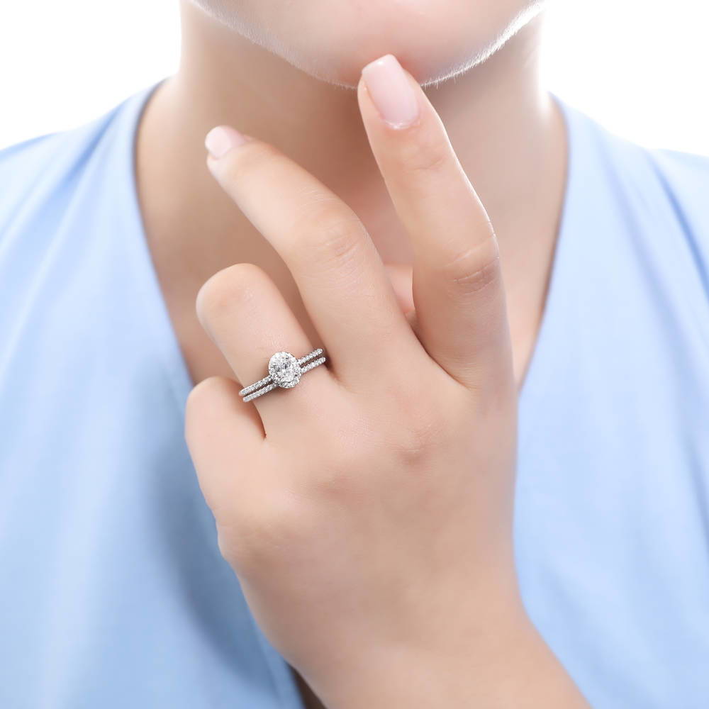 Model wearing Pave CZ Eternity Ring in Sterling Silver, 11 of 19