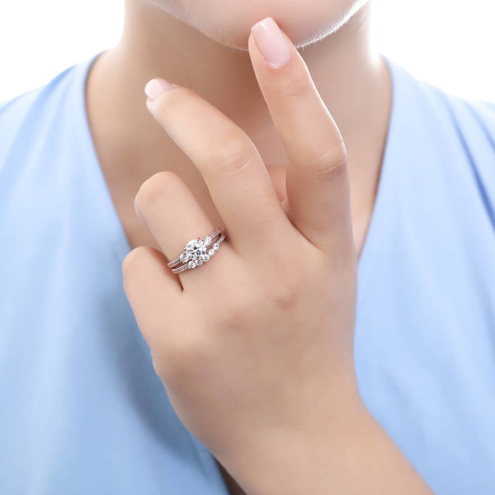 Model wearing 3-Stone 1.25ct CZ Ring in Rose Gold Plated Sterling Silver, 6 of 10