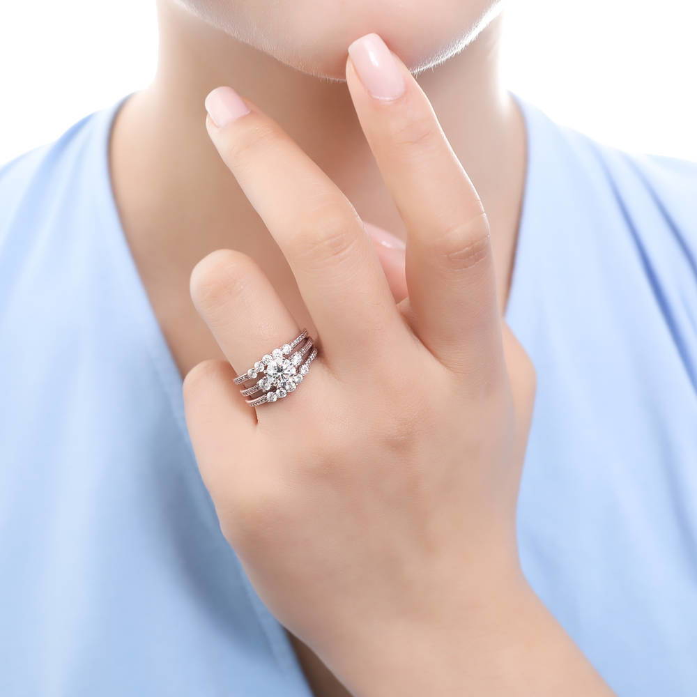 Model wearing 3-Stone 1.25ct CZ Ring in Rose Gold Plated Sterling Silver, 8 of 10