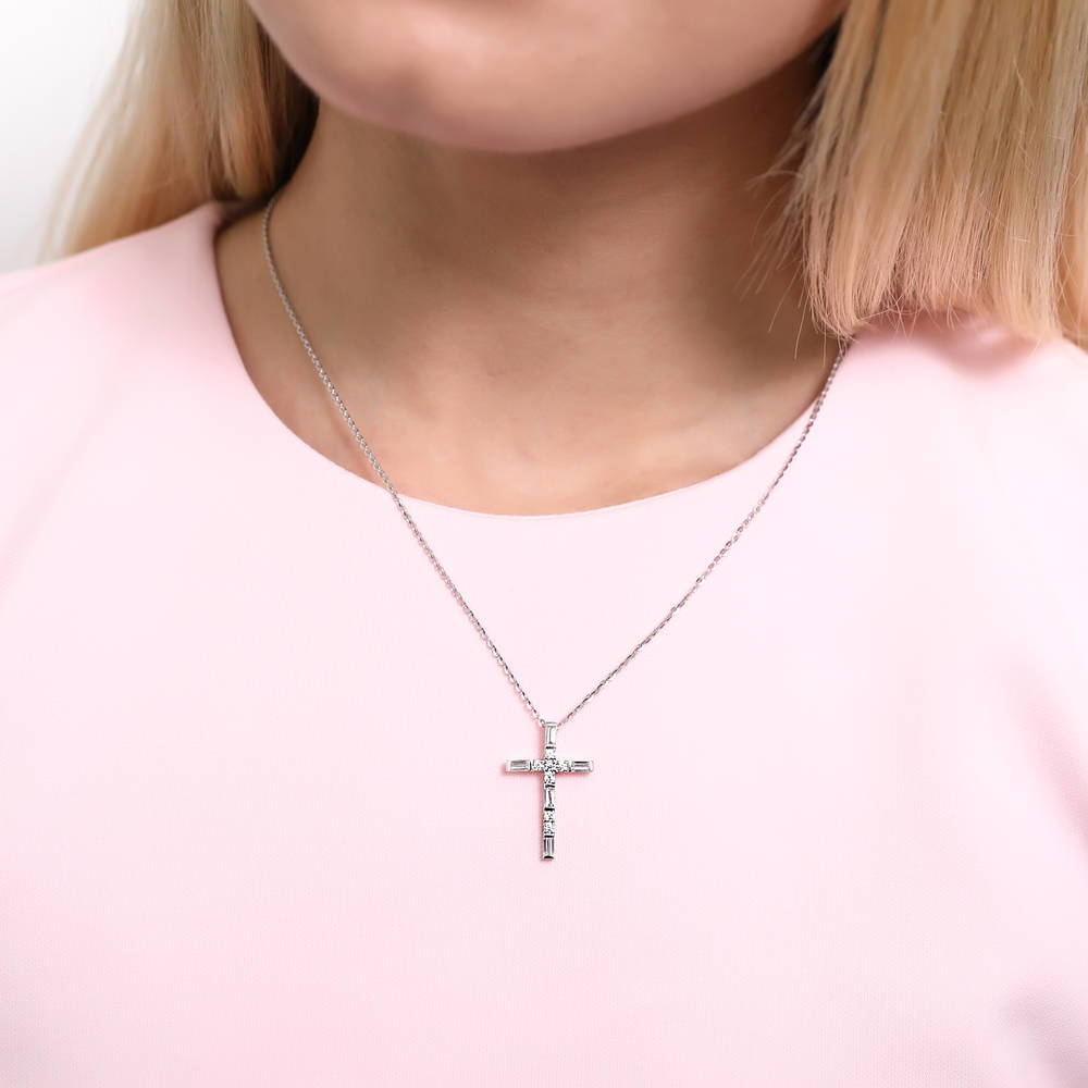 Model wearing Cross CZ Pendant Necklace in Sterling Silver, Yellow Gold Flashed