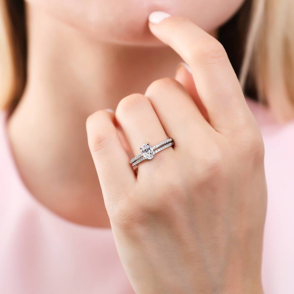 Model wearing Pave CZ Eternity Ring in Sterling Silver, 10 of 19