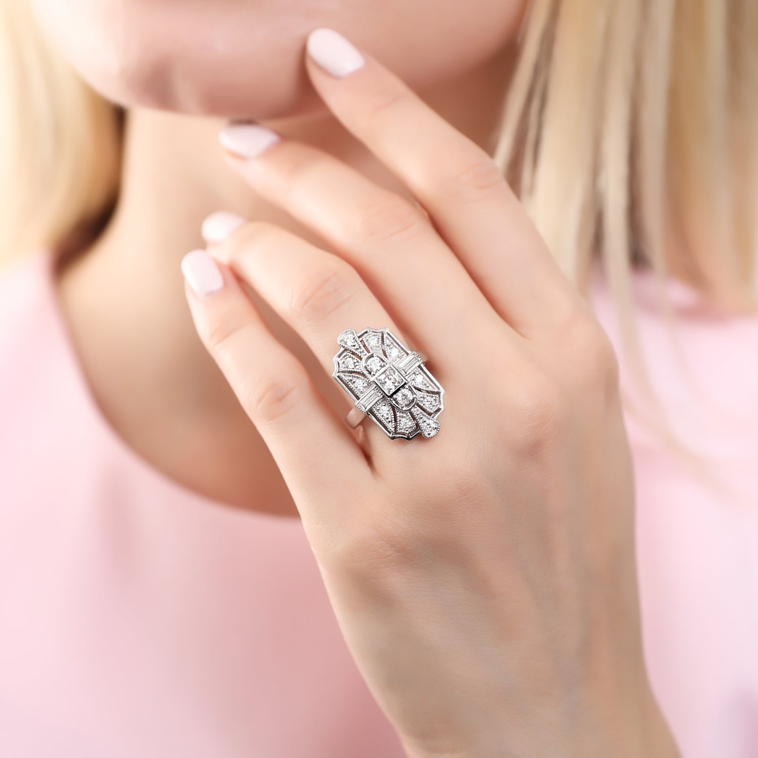 Model wearing Art Deco Milgrain CZ Ring in Sterling Silver, 2 of 11