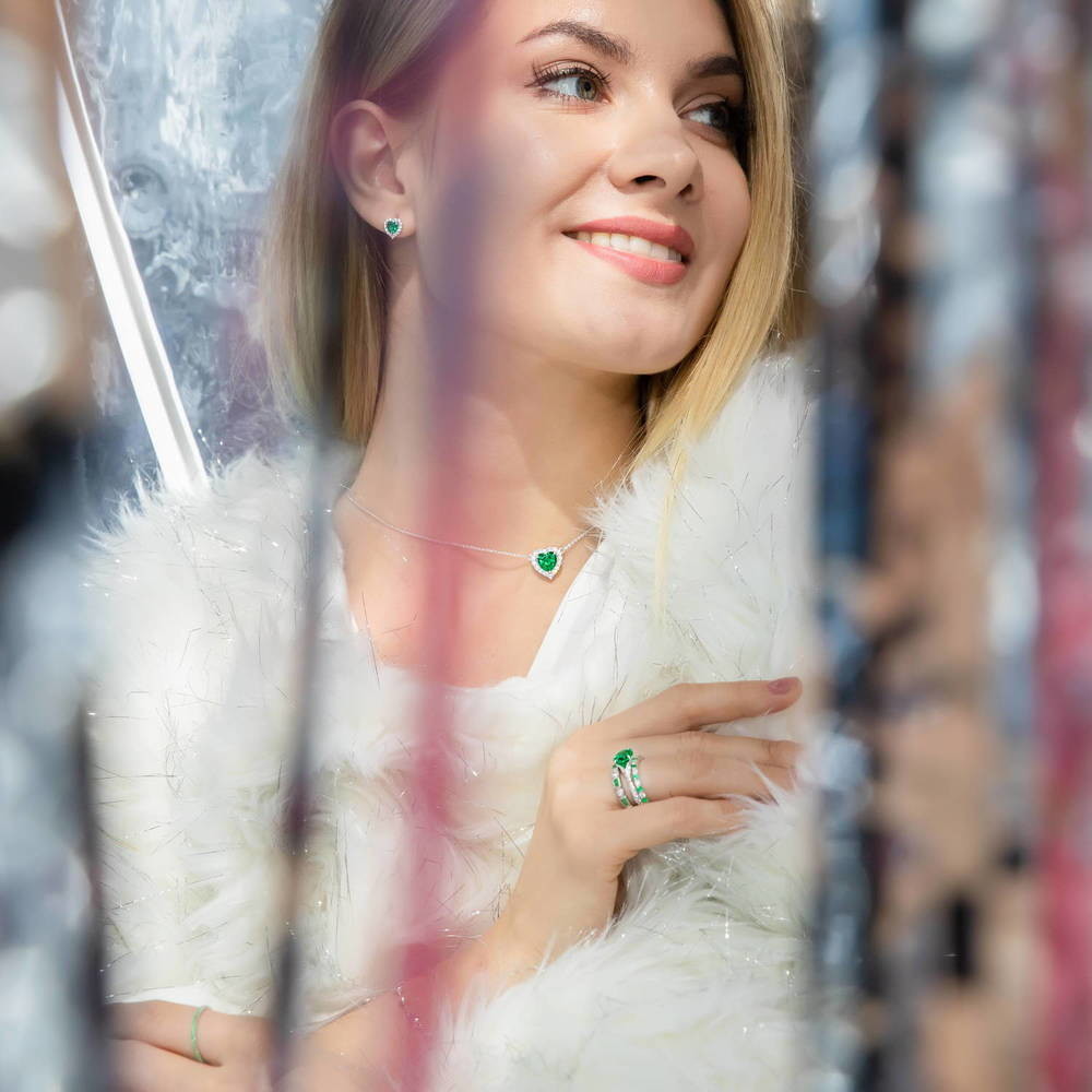 Model wearing Emerald-Green Pave CZ Eternity Ring in Sterling Silver, 7 of 10