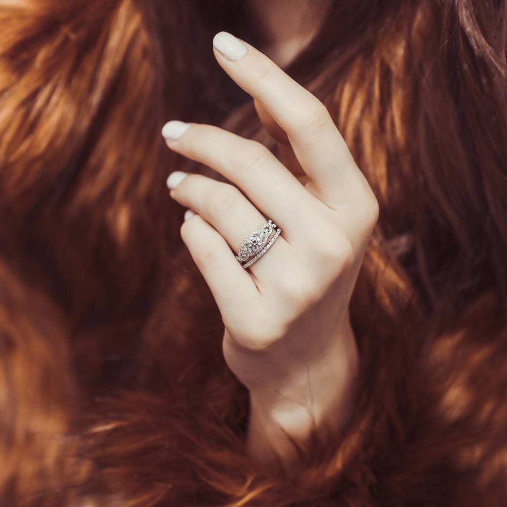 Model wearing 3-Stone Woven 0.45ct CZ Ring in Sterling Silver, 8 of 11