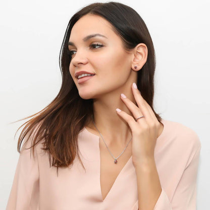 Model Wearing Eternity Ring, Solitaire Pendant Necklace, Solitaire Stud Earrings