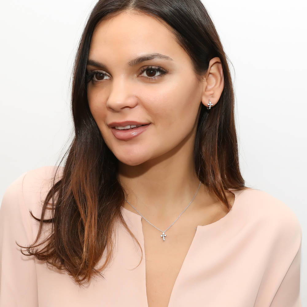 Model wearing Cross CZ Pendant Necklace in Sterling Silver, Rhodium Plated