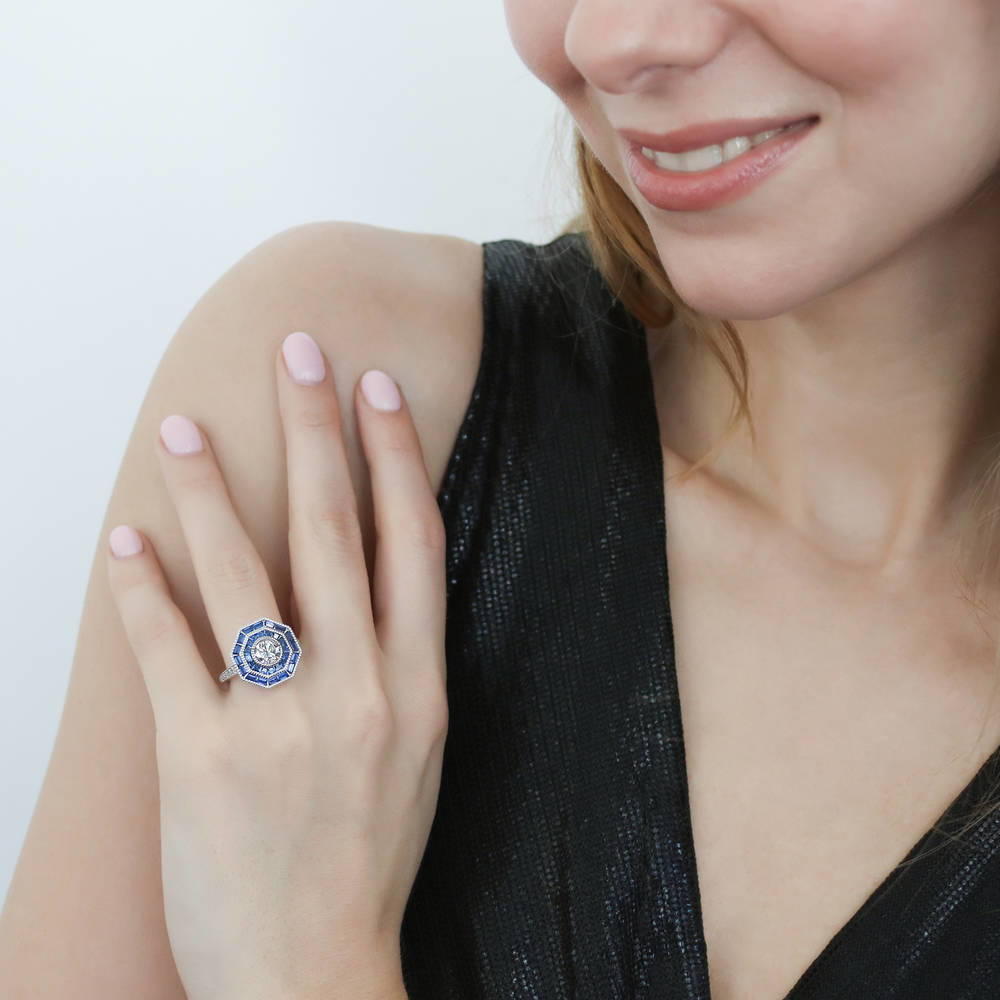Model wearing Halo Art Deco Milgrain CZ Ring in Sterling Silver, 2 of 12