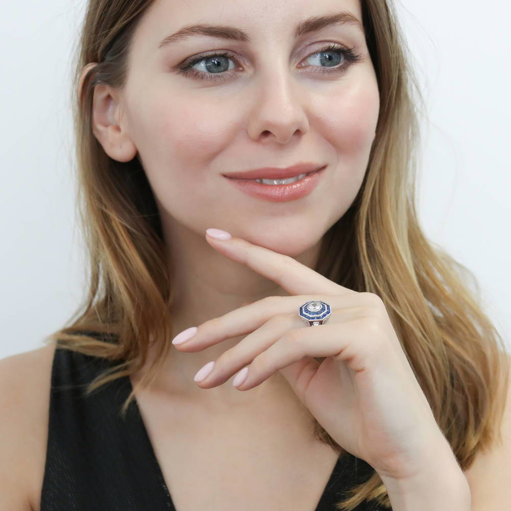 Model wearing Halo Art Deco Milgrain CZ Ring in Sterling Silver, 6 of 12