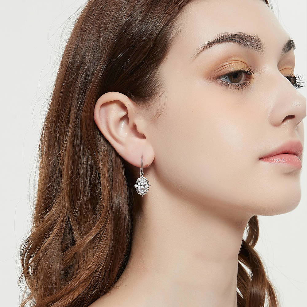 Solitaire Filigree Oval CZ Fish Hook Earrings in Sterling Silver