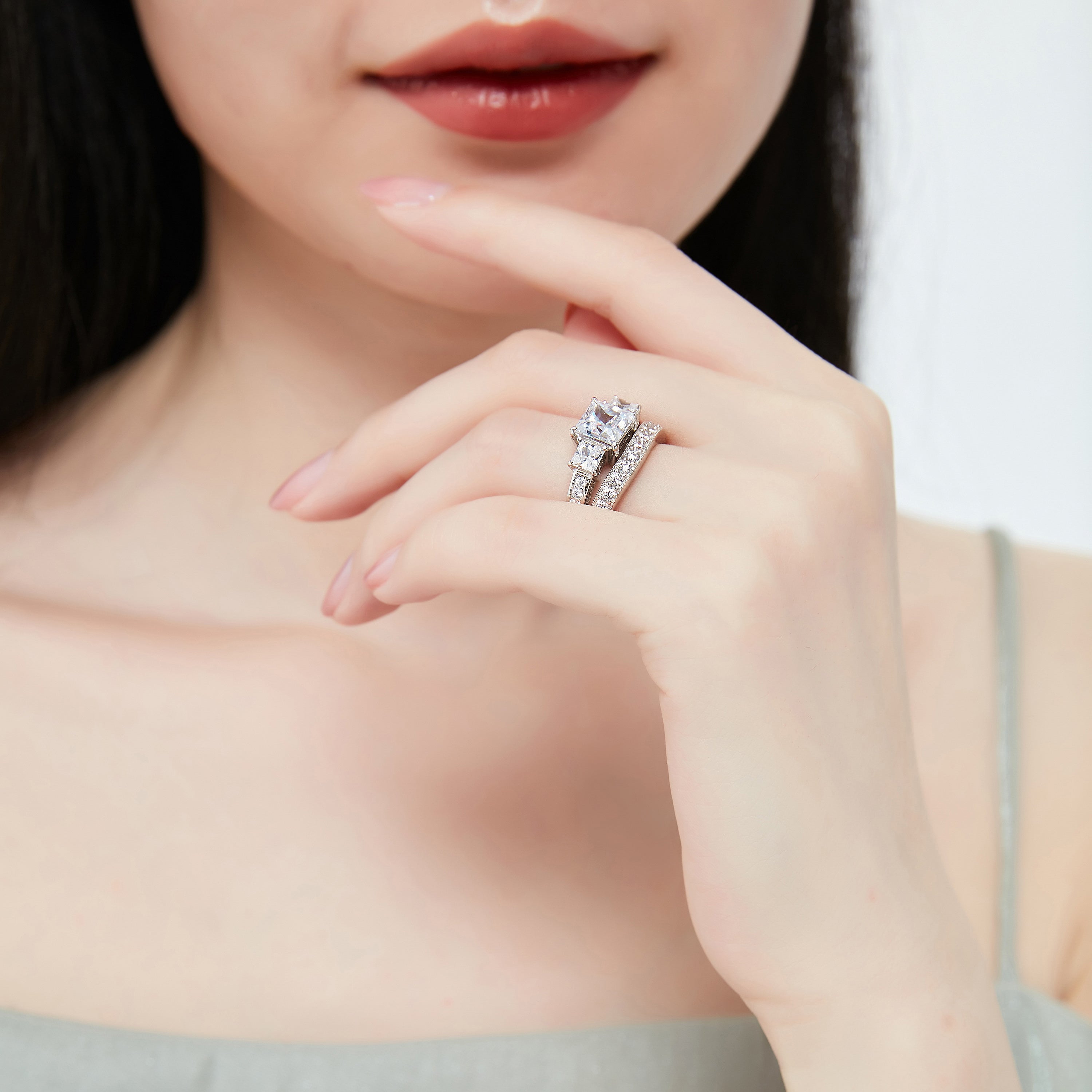 3-Stone 2ct Princess CZ Ring Set in Sterling Silver
