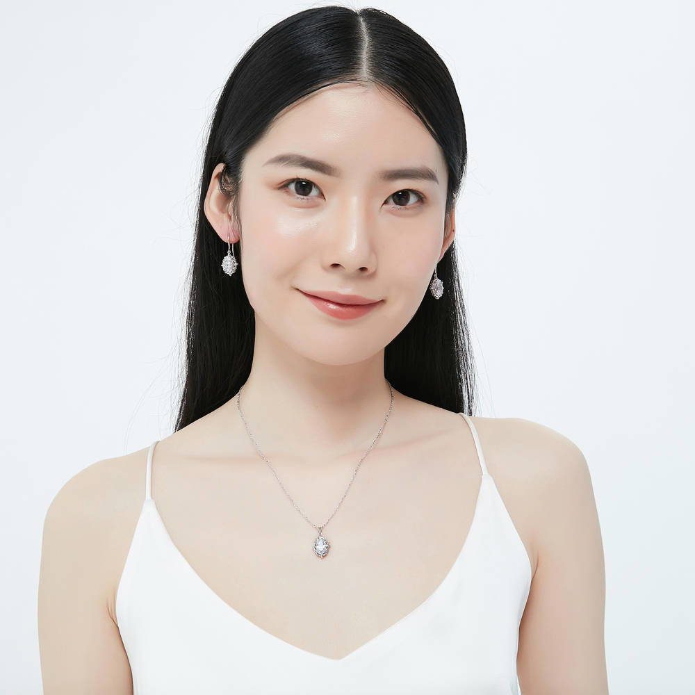 Solitaire Filigree Oval CZ Fish Hook Earrings in Sterling Silver