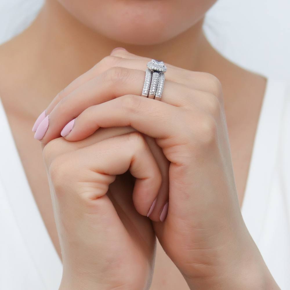 Model wearing Halo Cushion Cut CZ Ring in Sterling Silver, 14 of 15