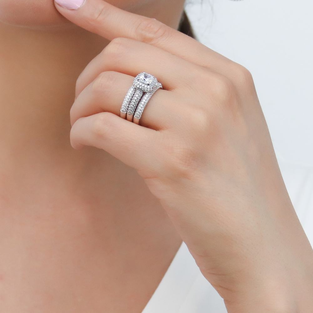 Model wearing Pave CZ Eternity Ring in Sterling Silver, 18 of 19