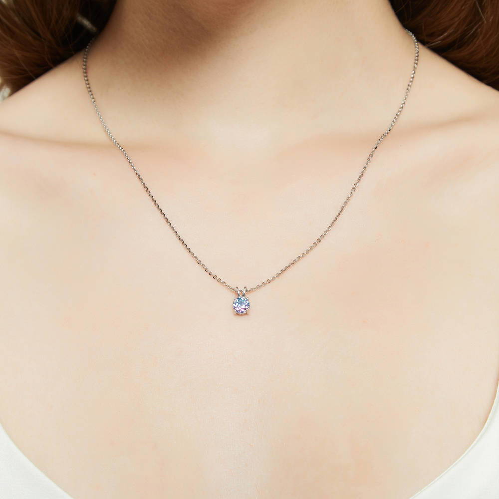 Model wearing Kaleidoscope Solitaire 0.8ct CZ Necklace in Sterling Silver, Purple Aqua Color