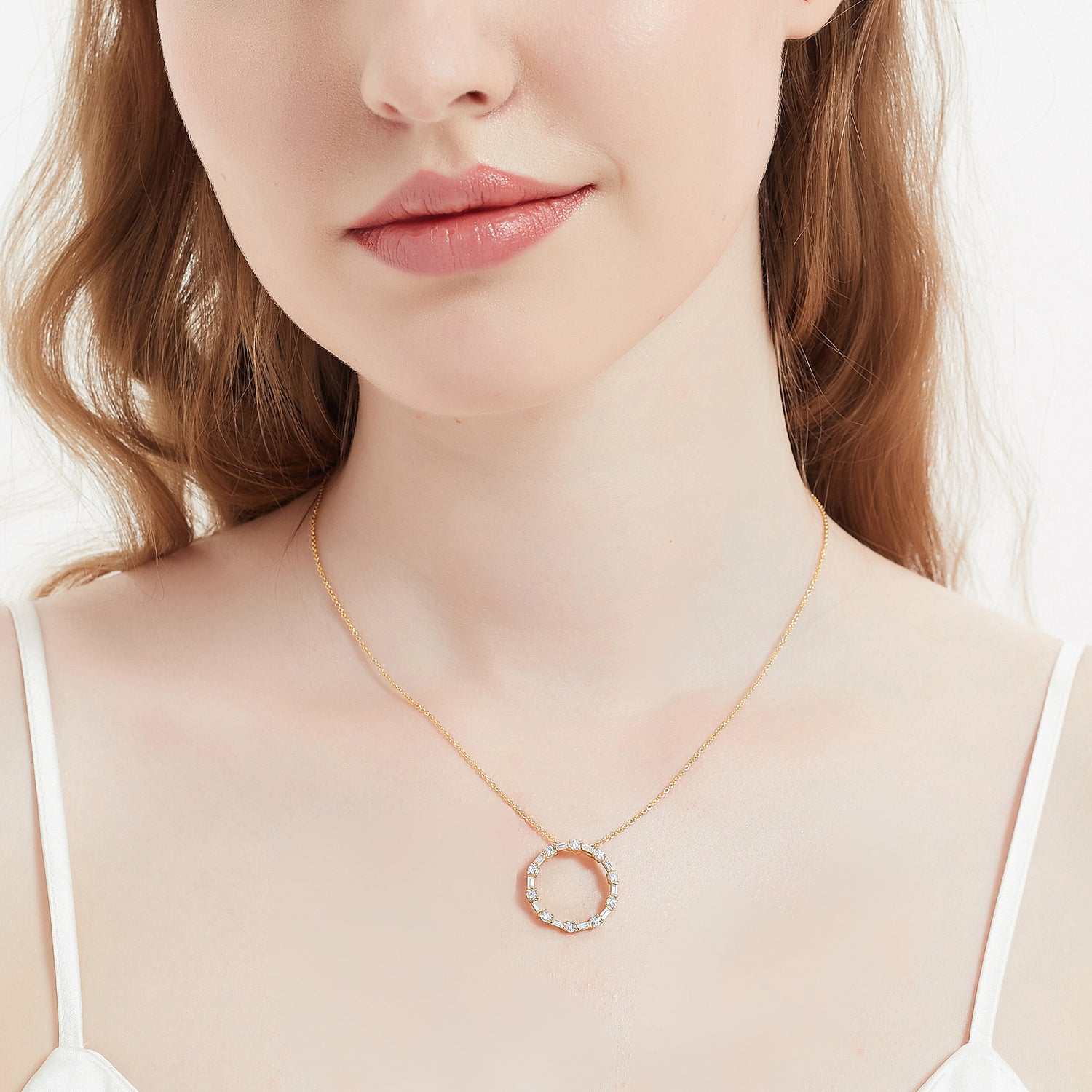 Model wearing Open Circle CZ Necklace in Sterling Silver, Yellow Gold Flashed