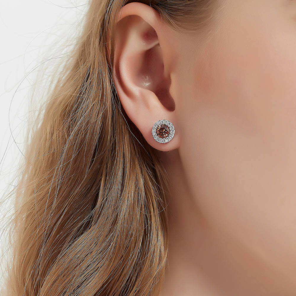 Model wearing Halo Kaleidoscope CZ Stud Earrings in Sterling Silver, Caramel