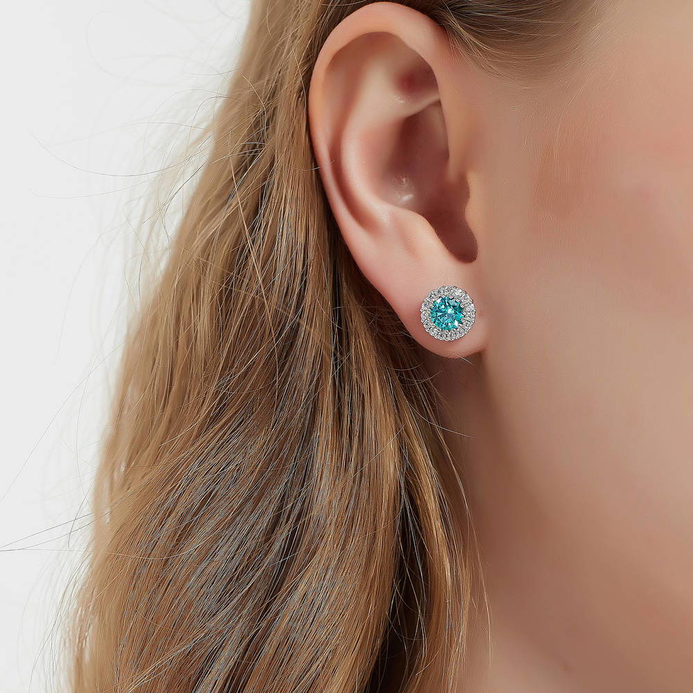 Model wearing Halo Kaleidoscope CZ Stud Earrings in Sterling Silver, Caramel