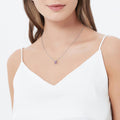Model wearing Solitaire CZ Necklace in Sterling Silver, Princess Cut / Clear