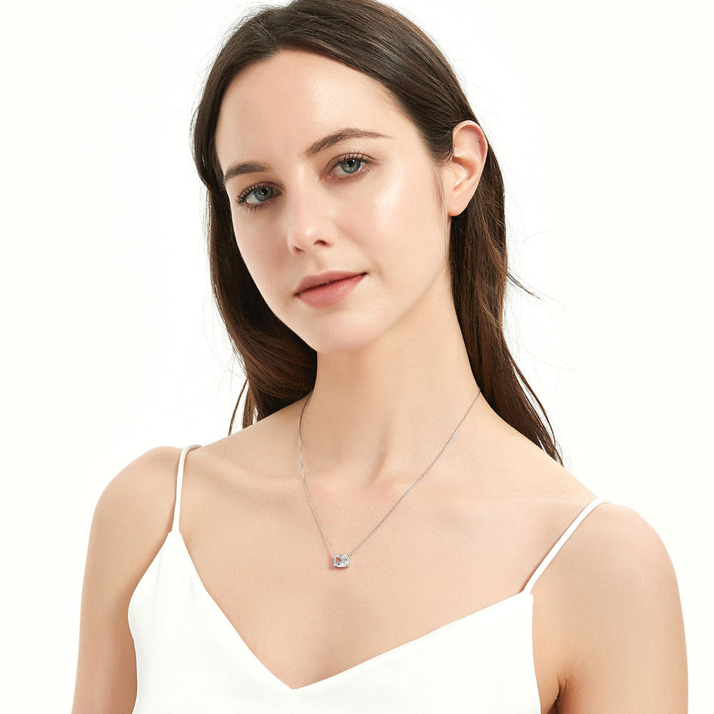 Model wearing Solitaire East-West 3.5ct Radiant CZ Necklace in Sterling Silver, Rhodium Plated