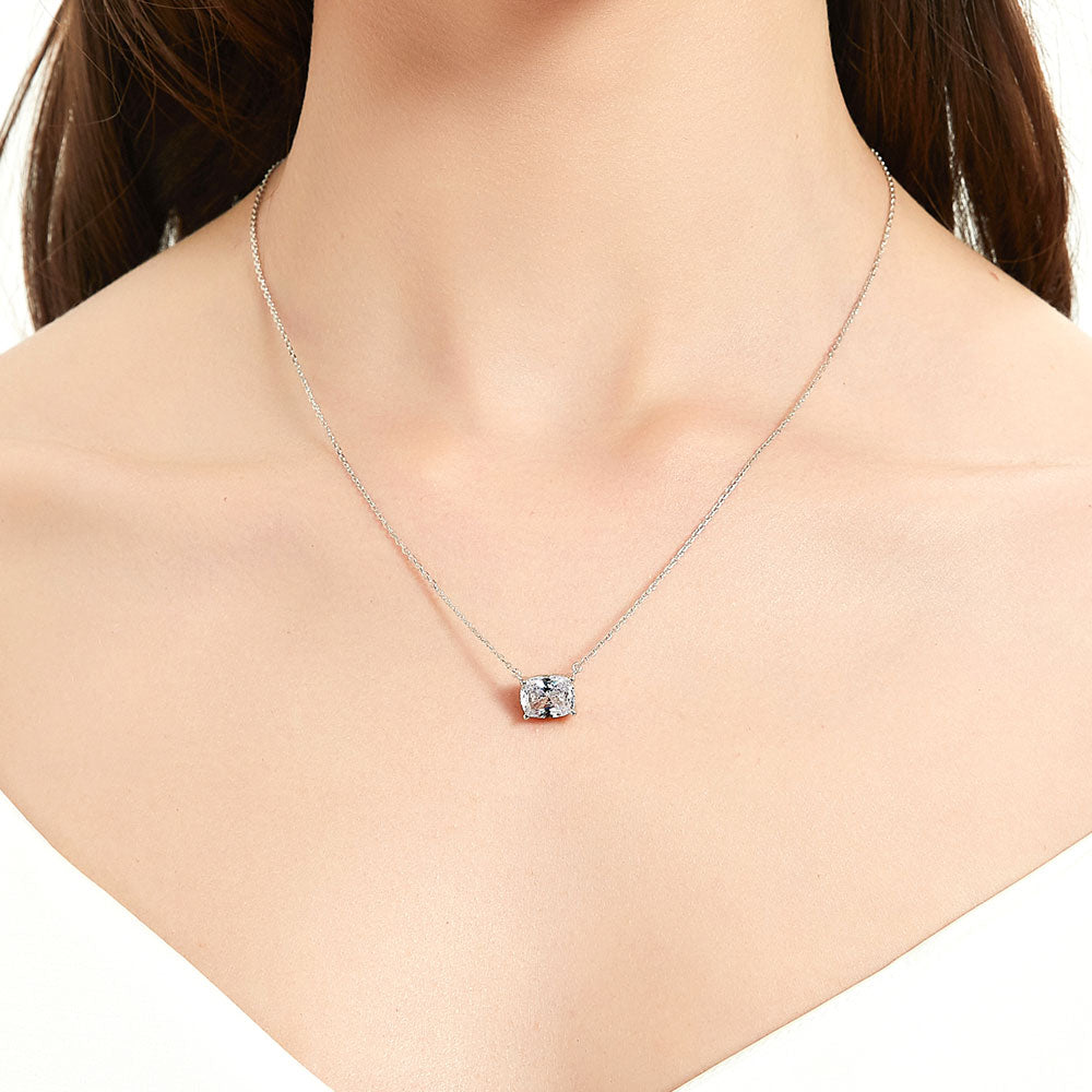 Model wearing Solitaire East-West 3.5ct Radiant CZ Necklace in Sterling Silver, Rhodium Plated