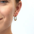 Model wearing Filigree Small Hoop Earrings in Sterling Silver 0.8 inch, Yellow Gold Flashed