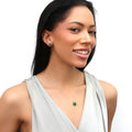 Model wearing Square CZ Pendant Necklace in Sterling Silver, Green Color