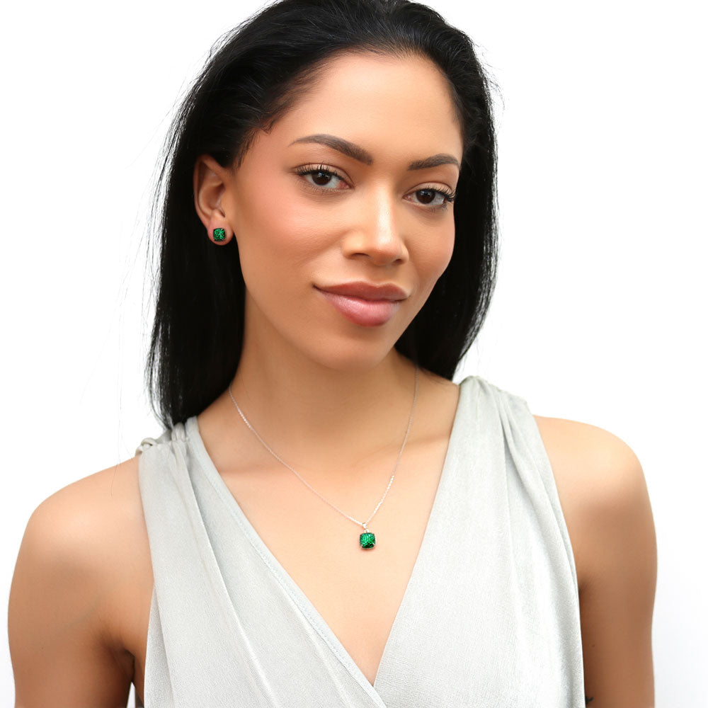 Model wearing Square CZ Pendant Necklace in Sterling Silver, Green Color