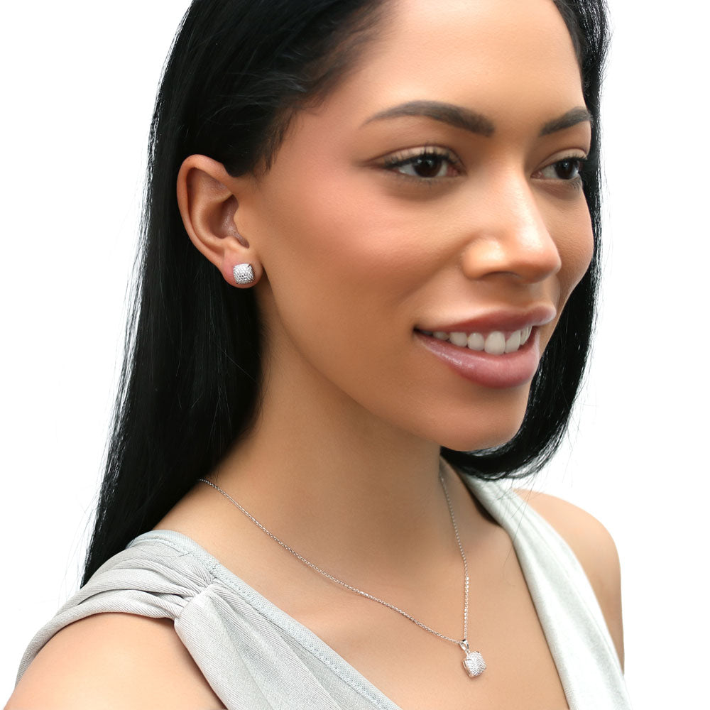 Model wearing Square CZ Pendant Necklace in Sterling Silver, Clear Color